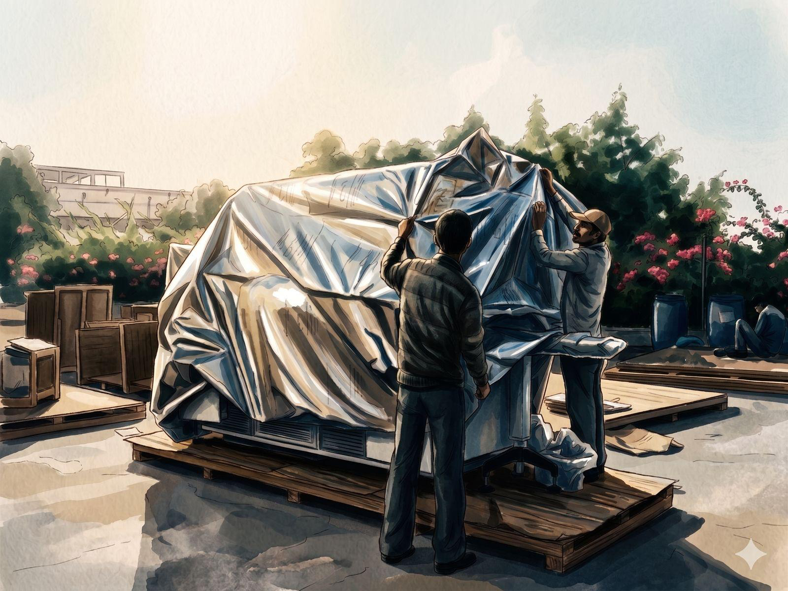 Packing specialists securing protected industrial machinery
