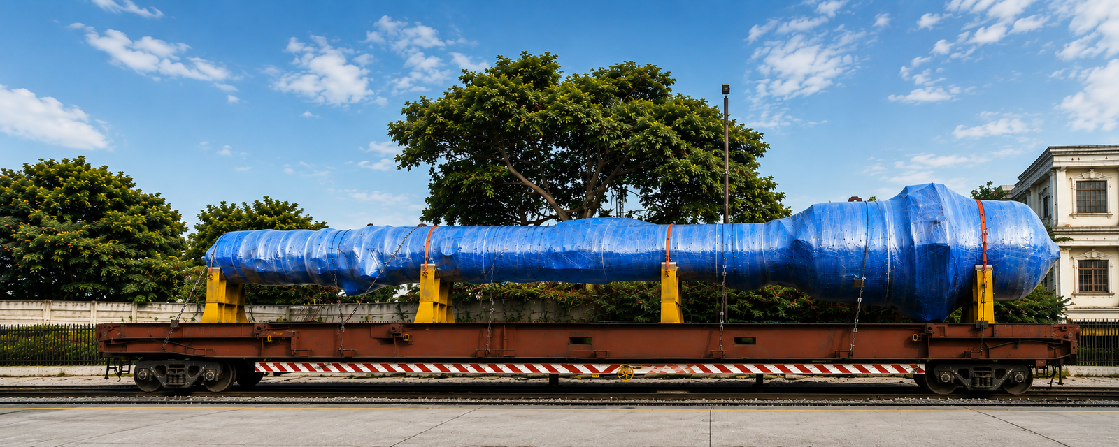 Blue-wrapped over-dimensional cargo on rail flatbed