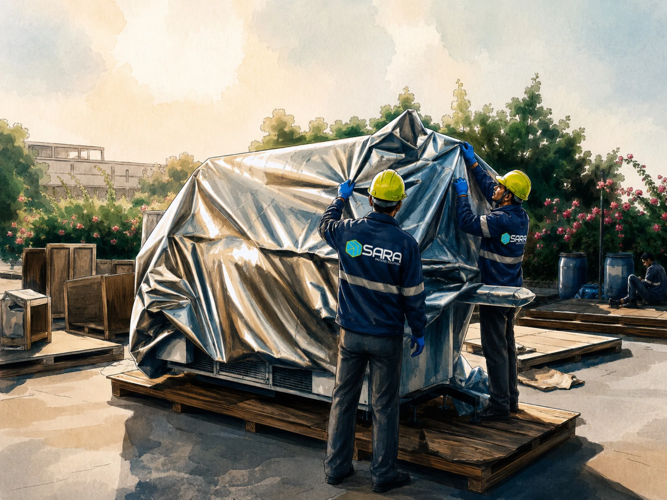 Packing specialists securing protected industrial machinery