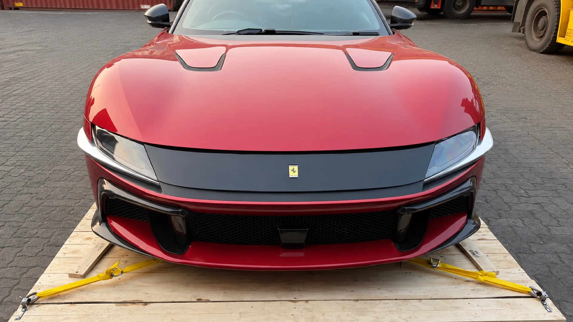 Red sports car secured to a timber transport platform